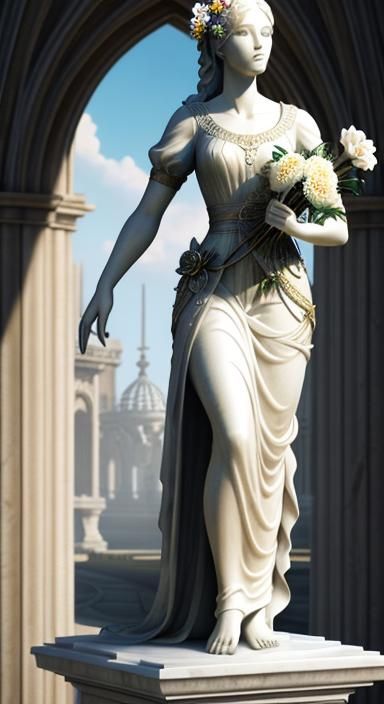 Marble Statue of Woman Holding Hourglass in Garden