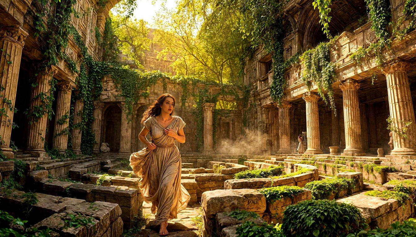 Woman Lost in Ancient Stone Labyrinth, Hyper-Detailed Digita...