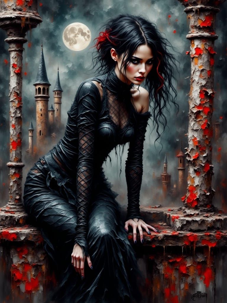 Gothic Woman on Black and Red Castle Balcony