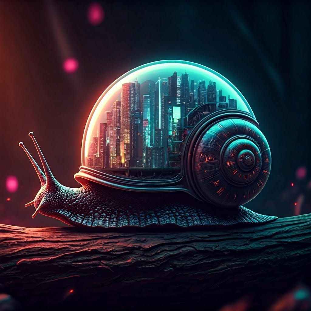 Cyberpunk Snail with Neon City Shell