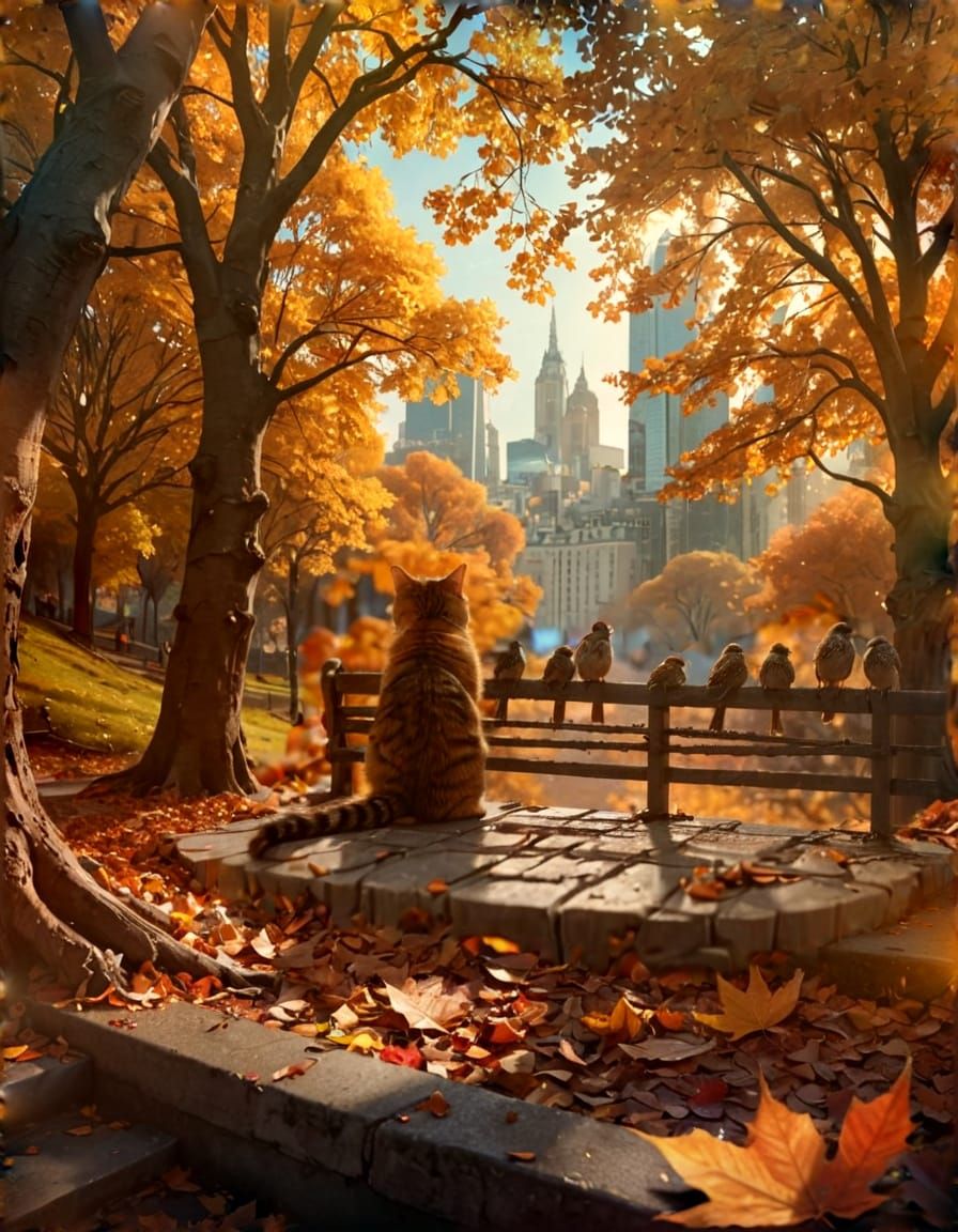 Autumn Park Overlooking City: Dramatic Digital Art