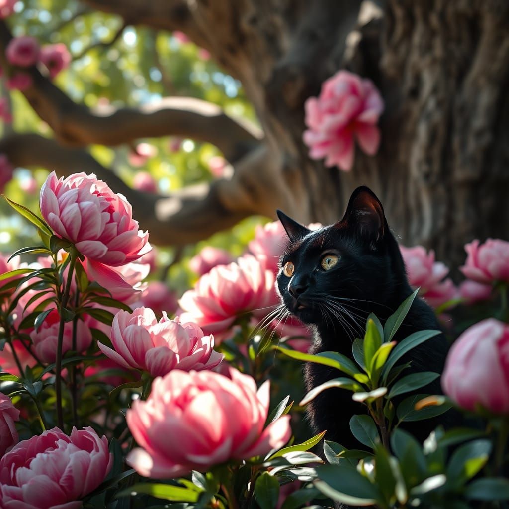 A Cat in the Garden - (2 objects: Cat & Peonies)