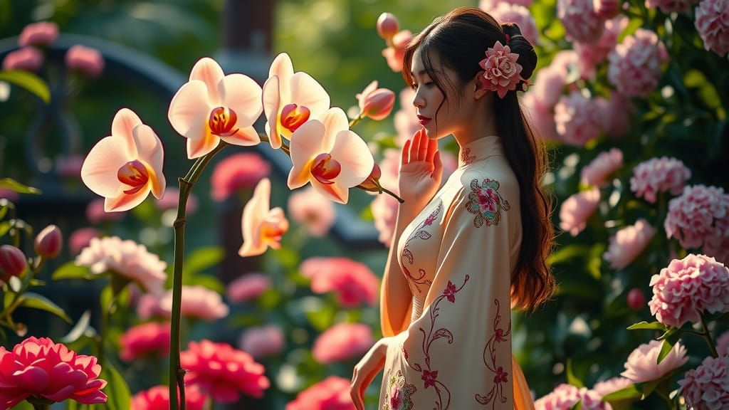 Serene Asian Woman Amidst Vibrant Flowers in Lush Garden