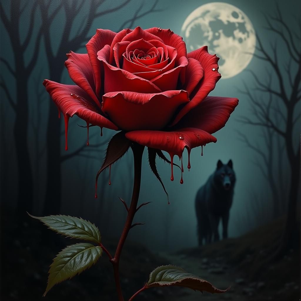 Blood Red Rose with Werewolf in Beksiński Style