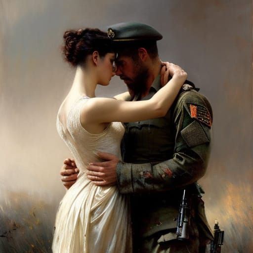 Tragic Soldier Lovers Embrace in Desperation