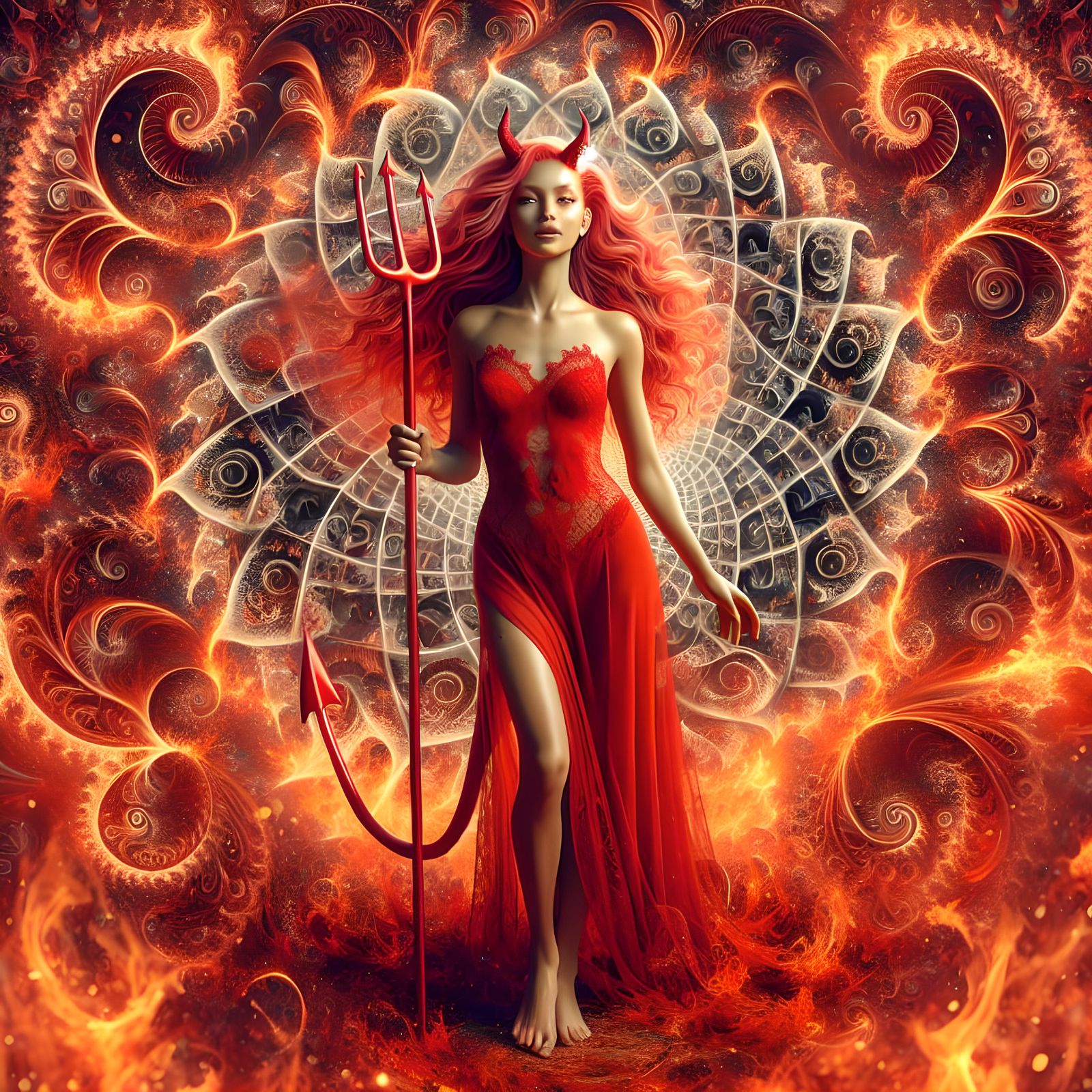 Captivating Red Devil Woman in a Fiery Fractal Realm