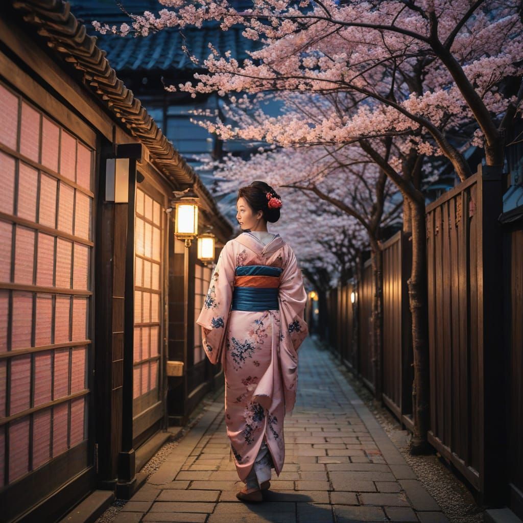 Geisha in Ukiyo-e Style Strolls Kyoto Alley at Night