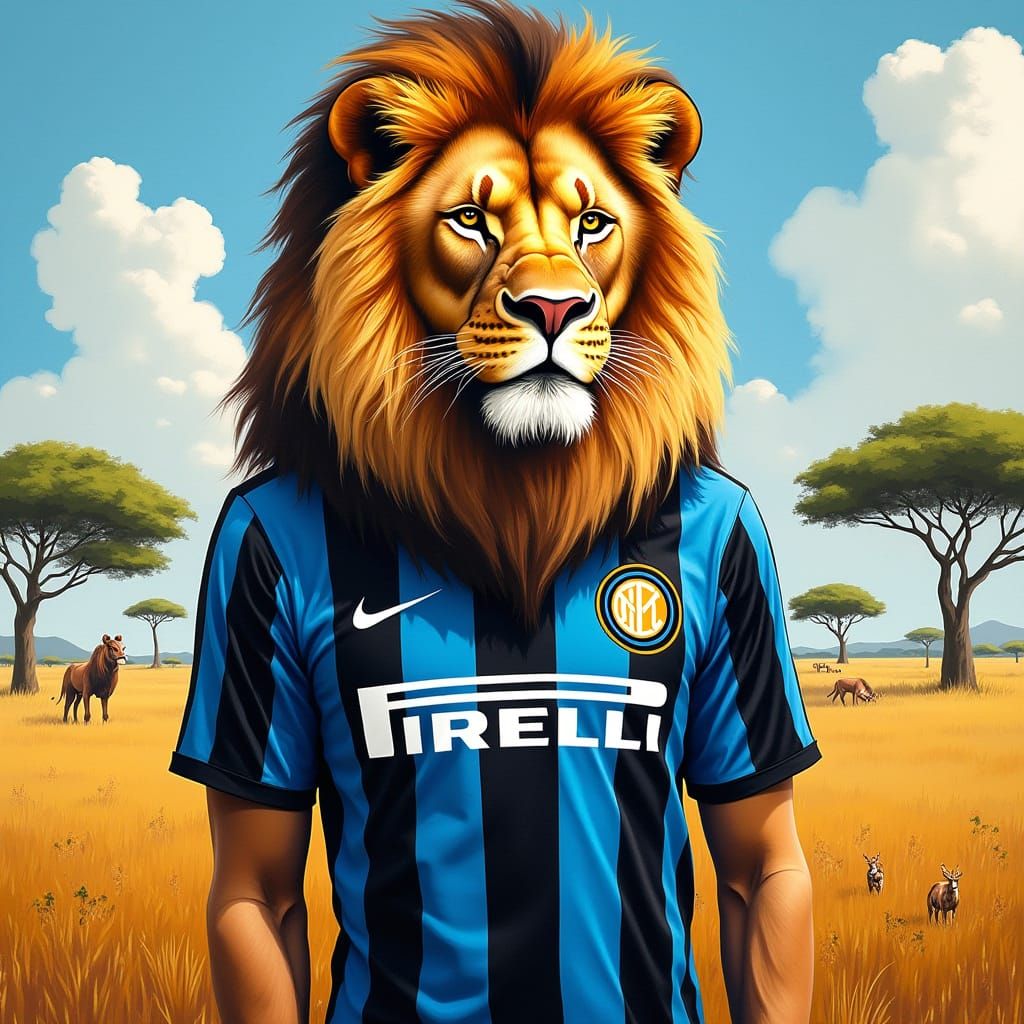 Regal Lion in Inter Milan Jersey, Vibrant African Folk Art S...