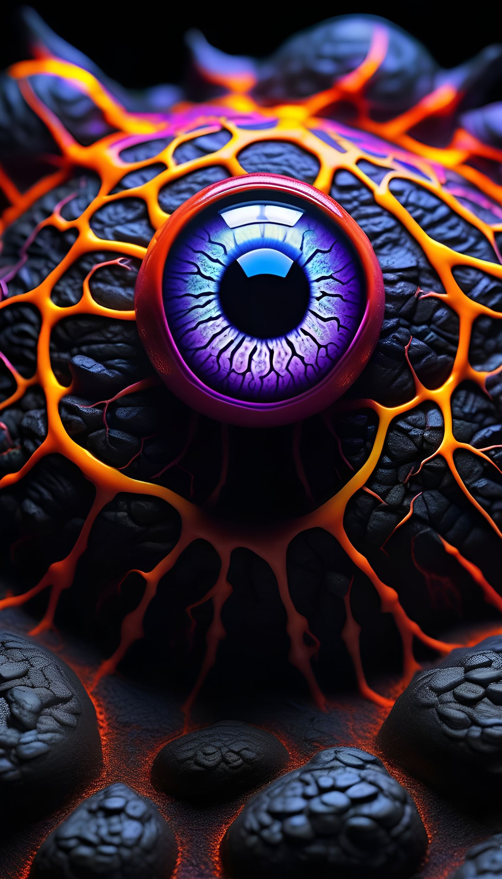 Ultrarealistic Eyeball on Lava Rock, Macro Photography