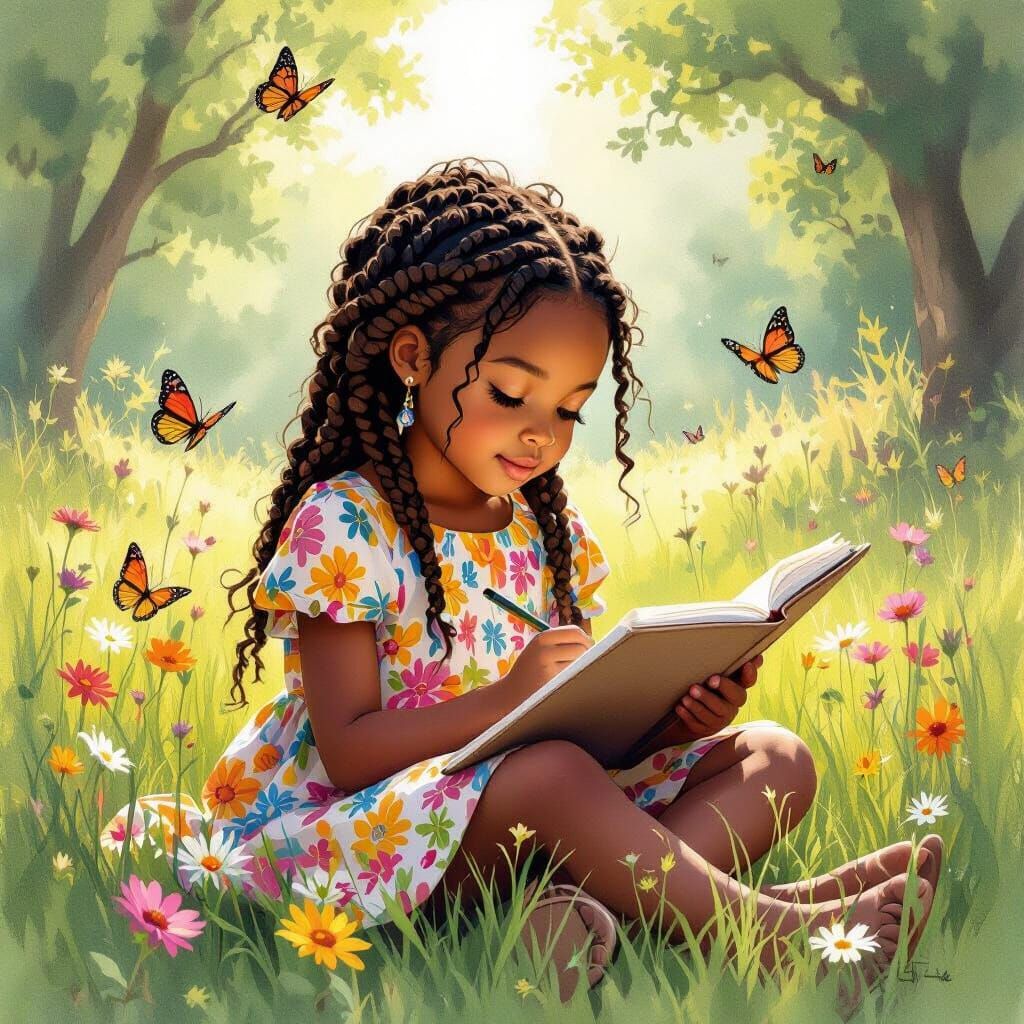 Girl Sketching in Meadow: Wet-on-Wet Watercolor Painting