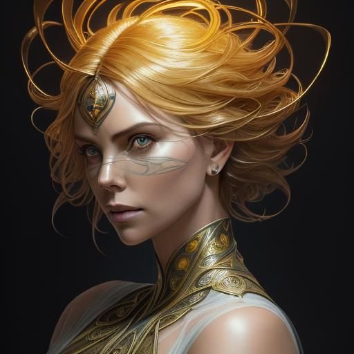 Photorealistic Portrait of Charlize Theron in Art Nouveau St...