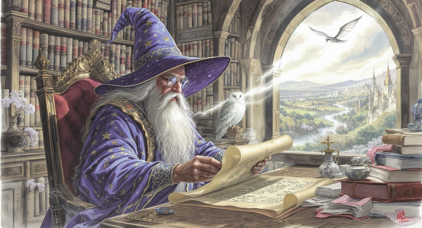 Fantasy Wizard Reading Scroll in Magical Office