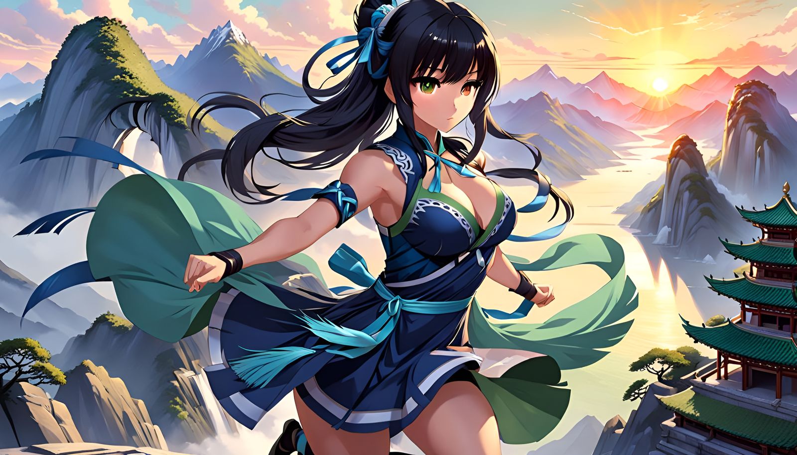 Anime Girl Practicing Kung Fu at Sunset