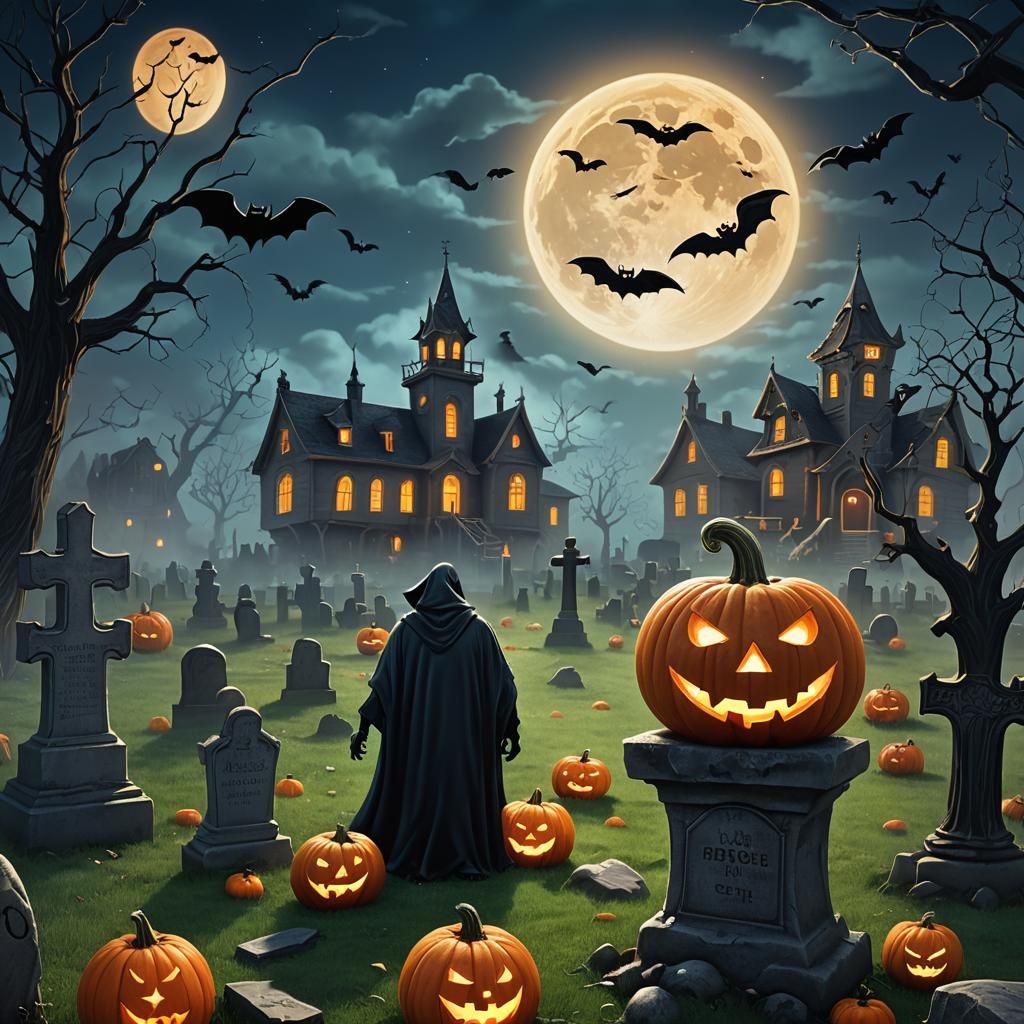 Halloween Soccer Game with Pumpkin, Bat, and Ghost