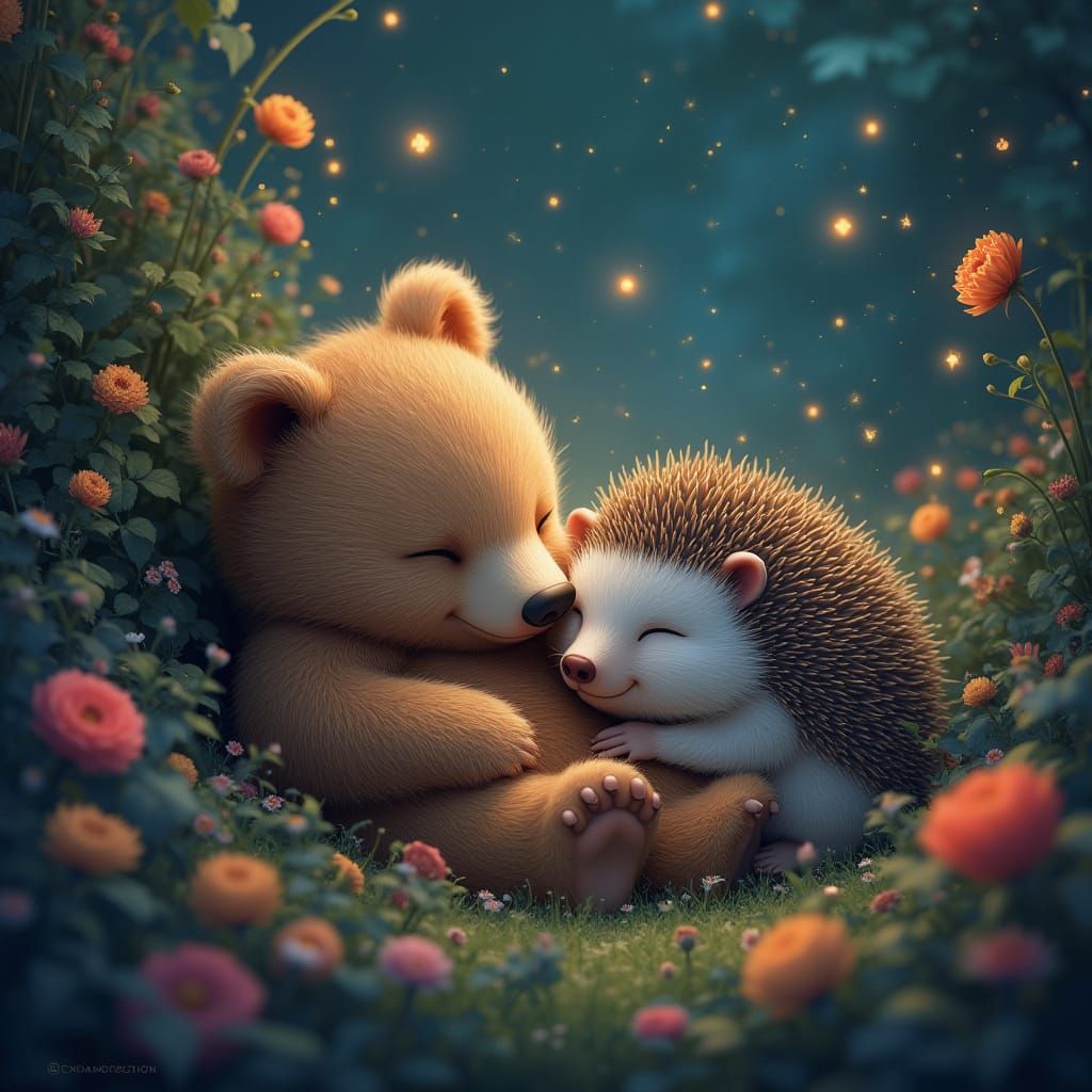 Whimsical Bear and Hedgehog Scene in Dreamy, High-Contrast S...