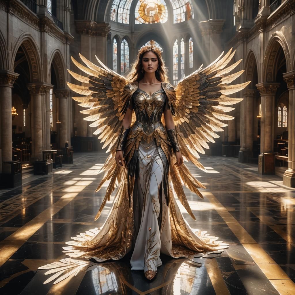 Angel in Haute Couture in Gothic Cathedral
