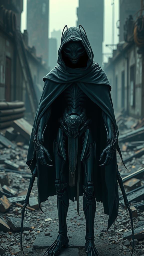 Mantis Alien Lurks in Ruins with Cinematic Lighting