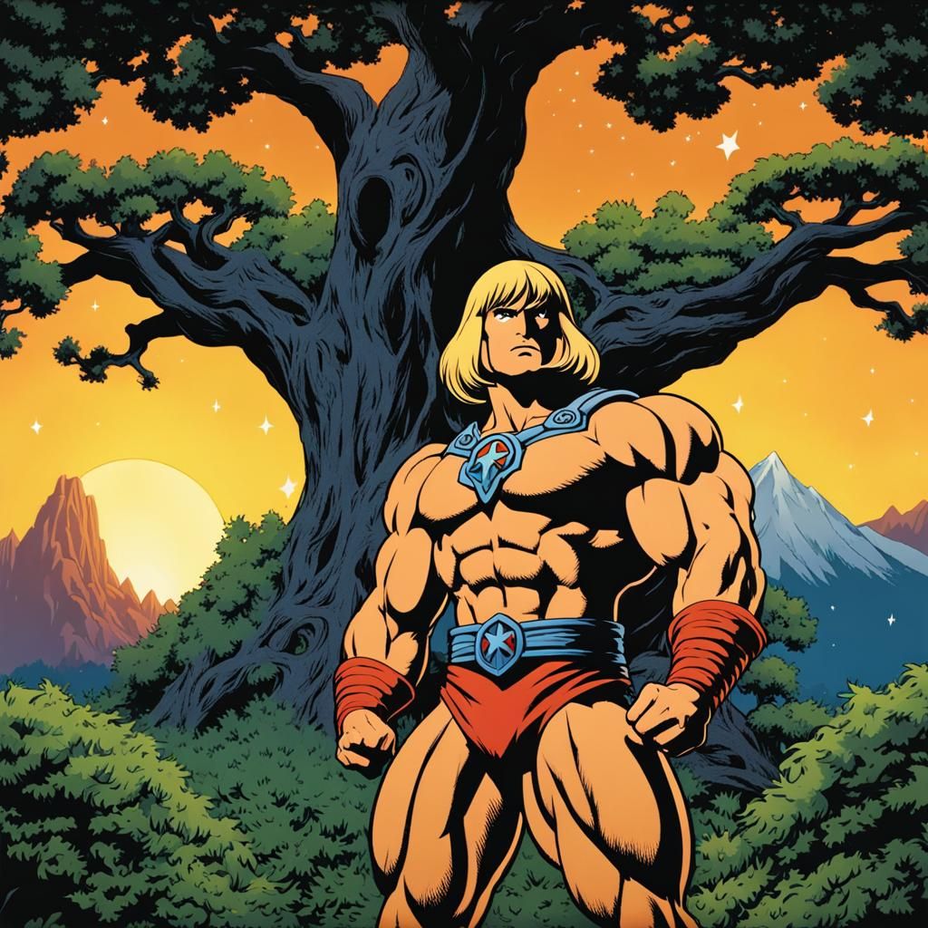 He-Man Flexing Under Oak Tree at Night