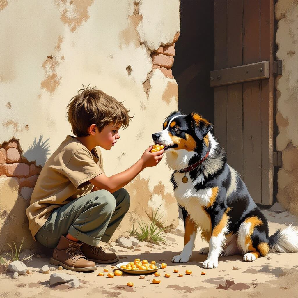 Loyal Dog Protects Boy from Food, Rustic Art Style