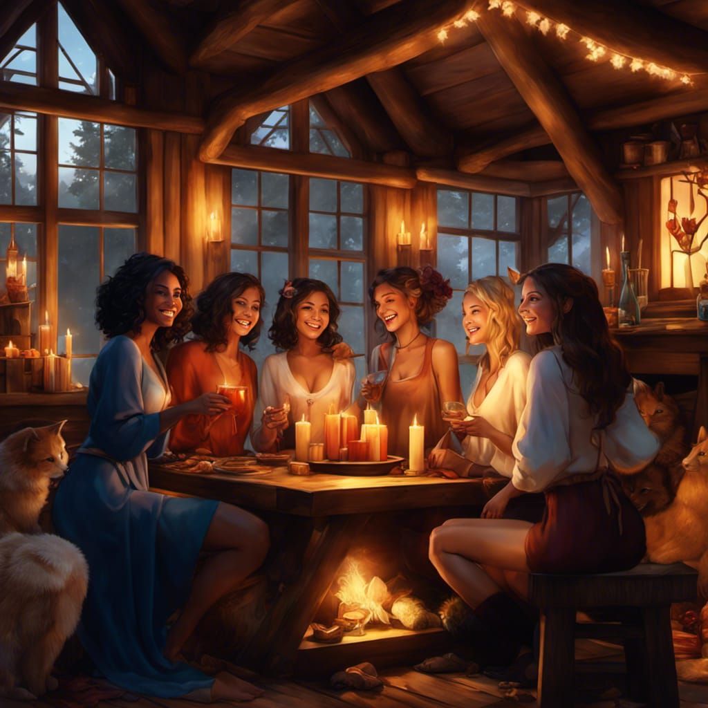 Six beautiful women and a curious cat in a welcoming woodland cabin. The ladies are loving their getaway