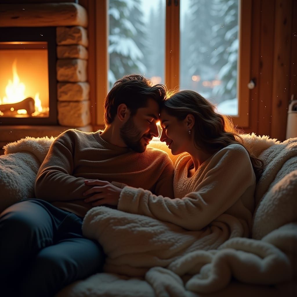 Cozy Winter Cuddle Portrait in Fantasy Art Nouveau Style