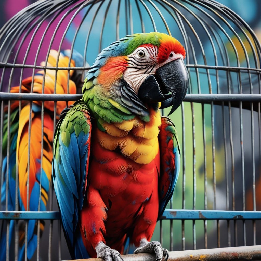 Vibrant Street Art Macaw in a Birdcage
