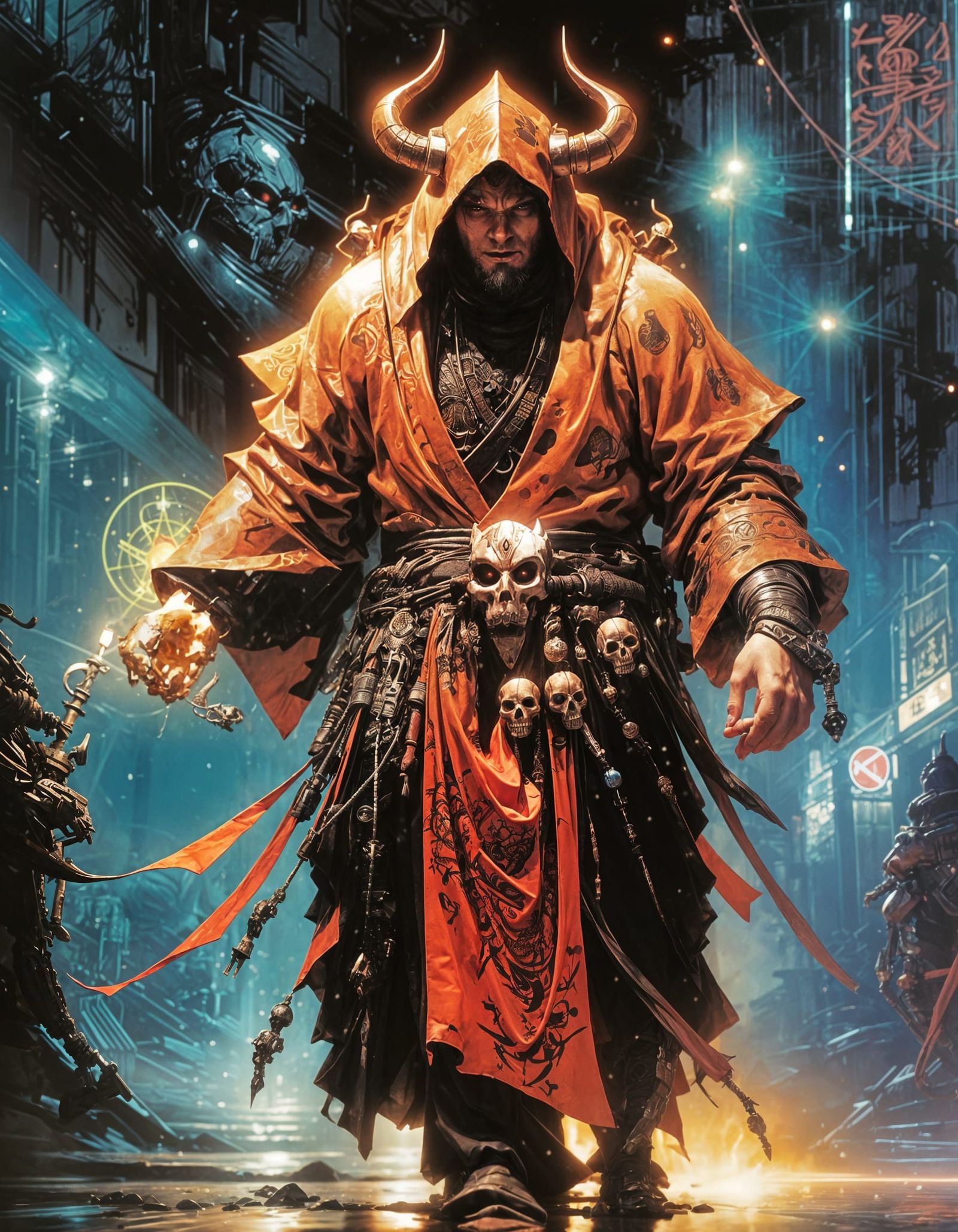 Cyberpunk Oni Ronin in Neon Market