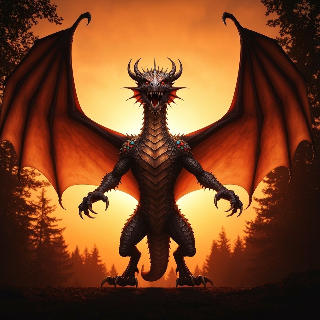 Golden Dragon Silhouette in Sunset Forest