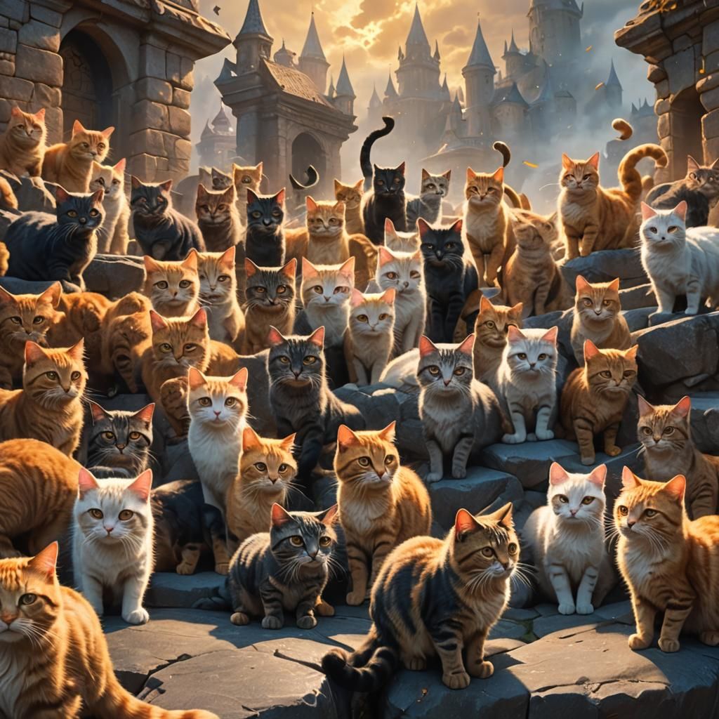 Fantasy Cat-Girls Chasing Tails on Stone Pedestal