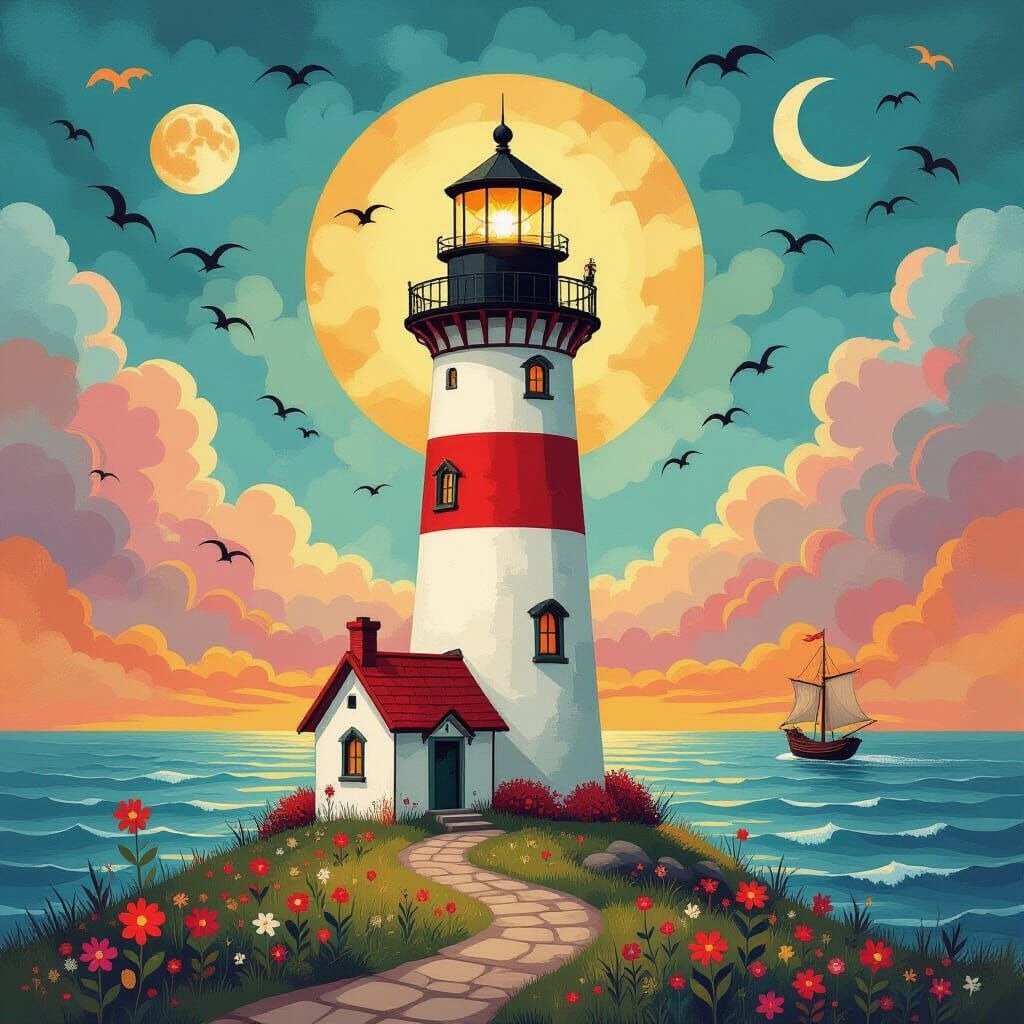 Mystical Lighthouse Between Worlds in Folk Art Style