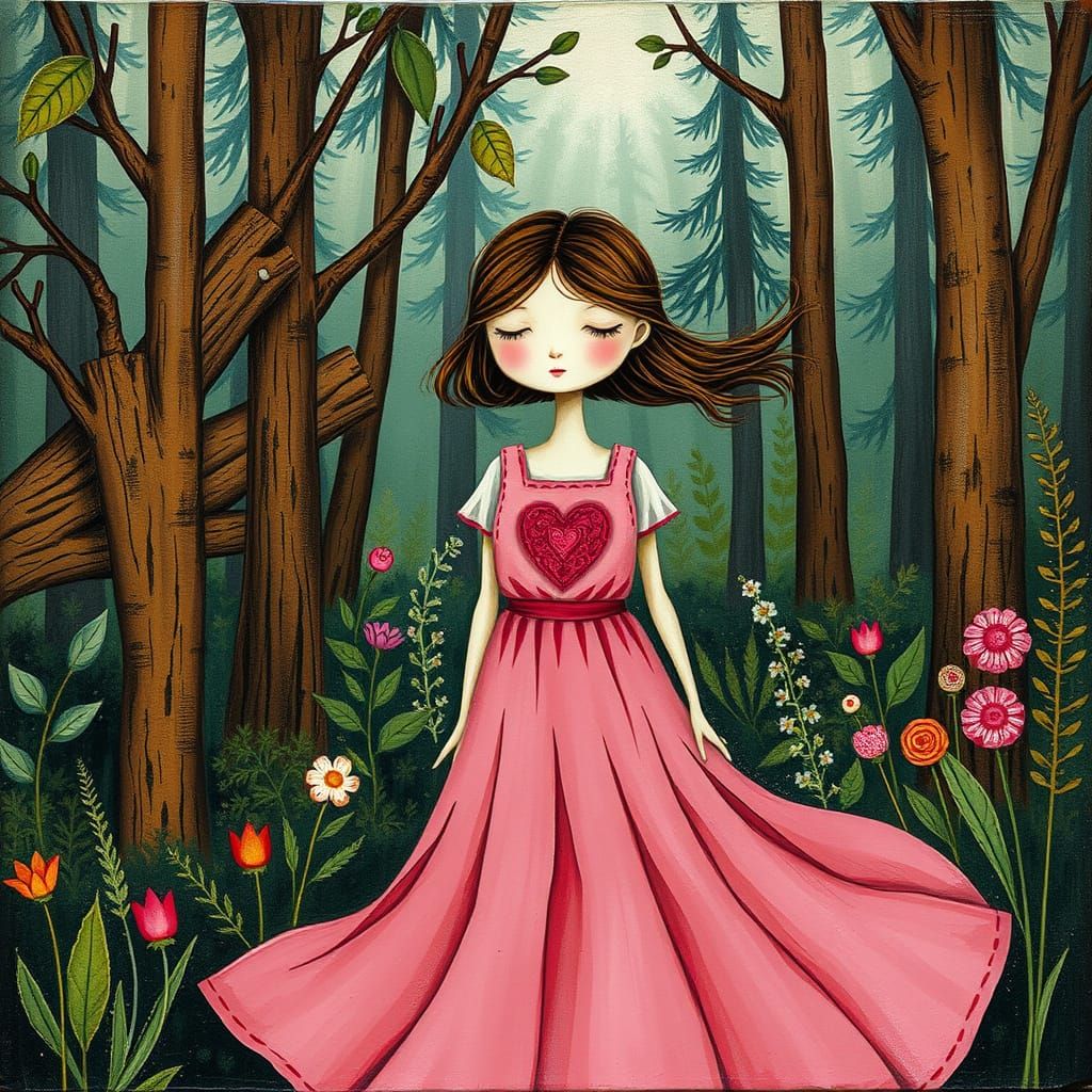 Fairytale Girl in Pink Dress with Heart Patch, Rustic Art Br...