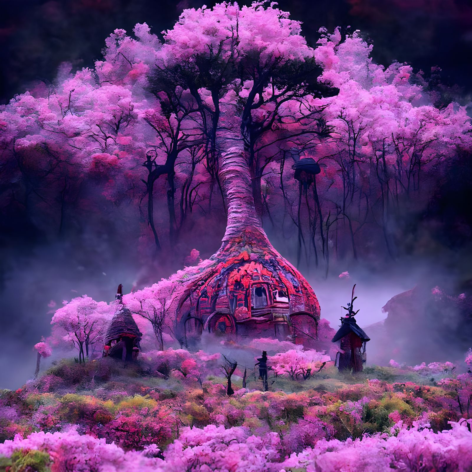 Enchanted Tree Hut: A Surreal Fantasy Landscape