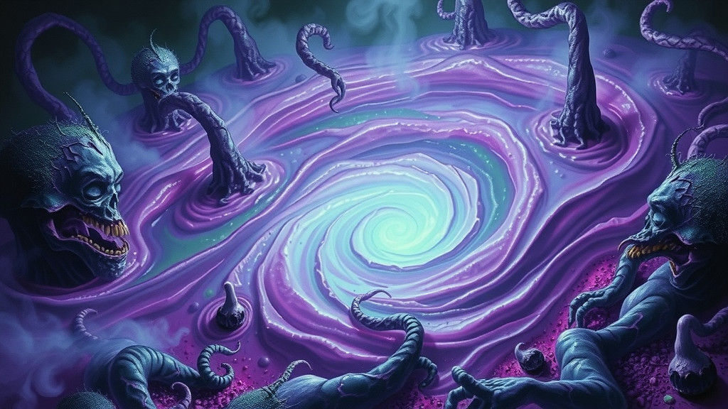 Ethereal Swirling Vortex of Purple and Green Weird Soup