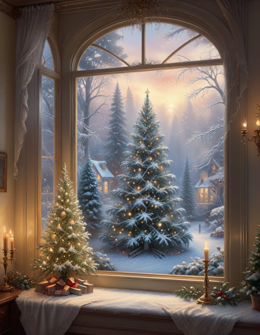 Victorian Christmas Parlor Glow Through Frosted Window