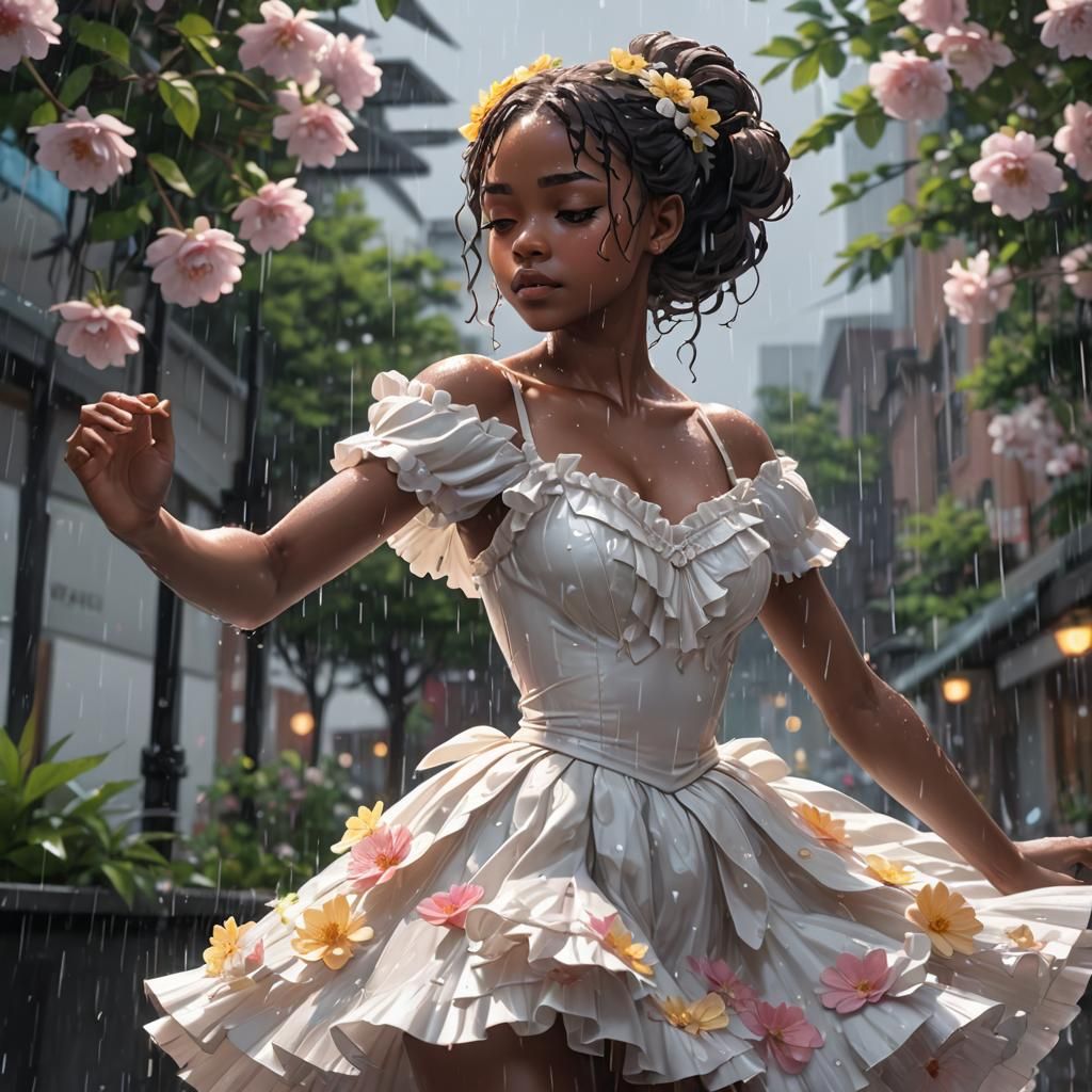 Ebony Ballerina Dancing in the Rain: 3D Anime Art