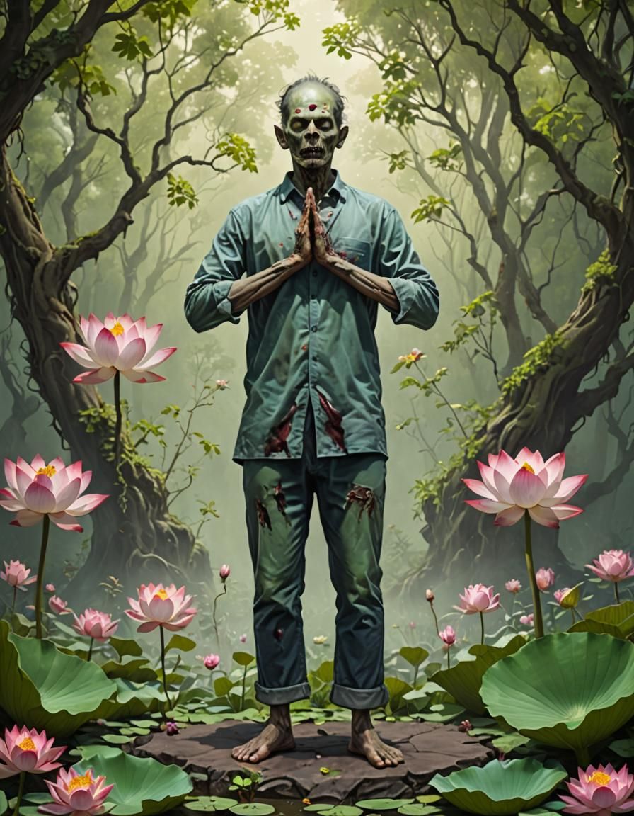 (((((zombie male))))) yoga pose tadasana ((jhana mudra)) natural background greenery (((lotus flowers))) serenity peacef...