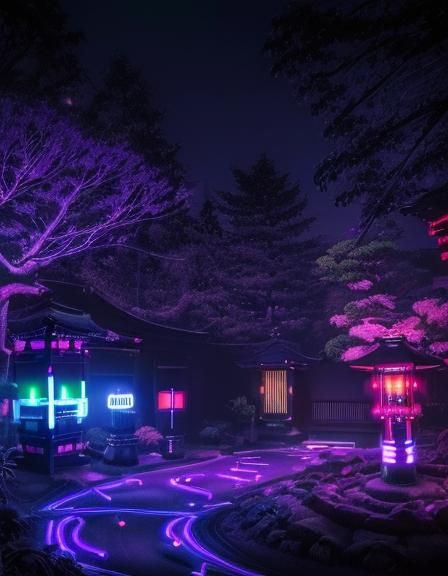 Neon Japanese Garden in Black Light