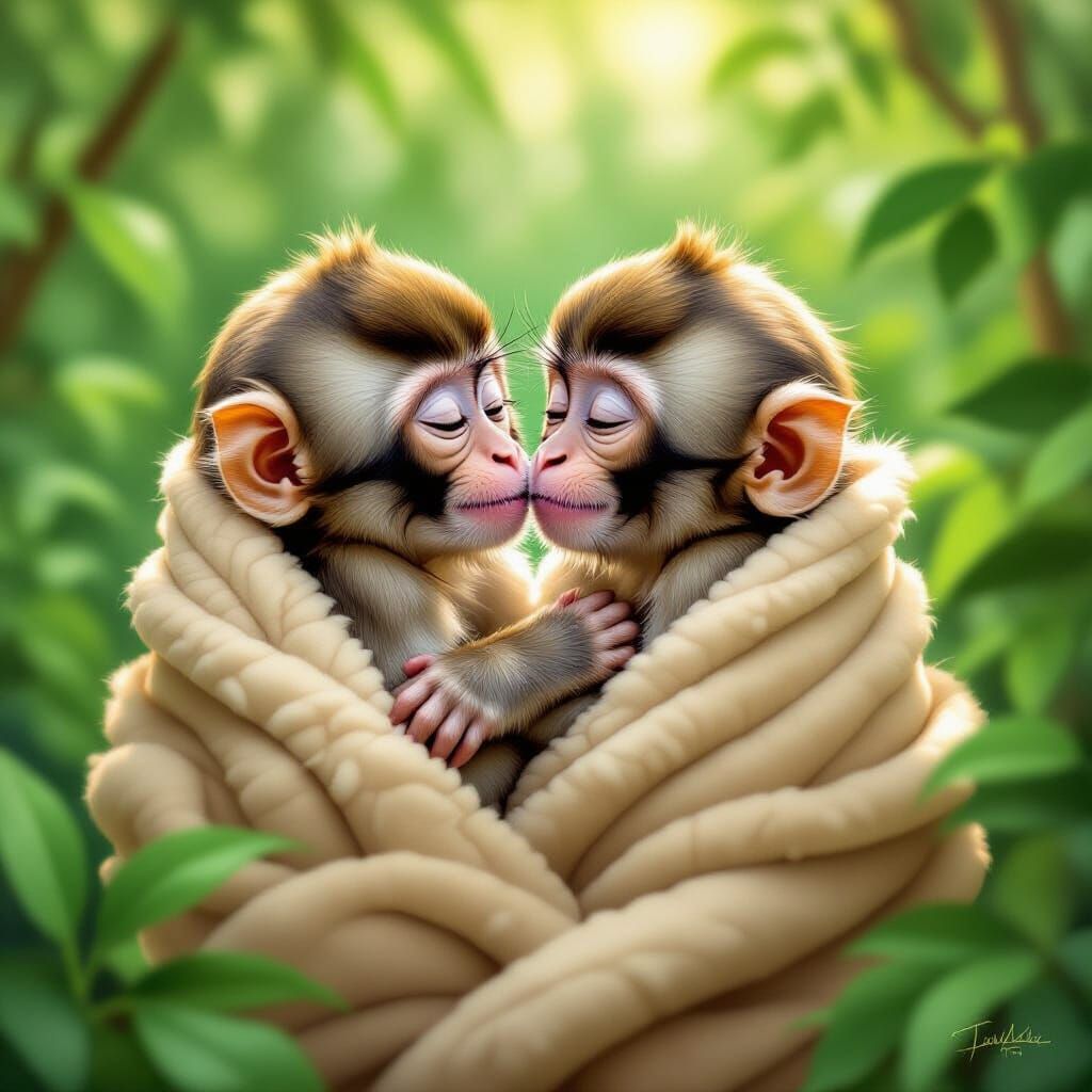 Monkeys Kissing in Lush Forest, Manga Art Style