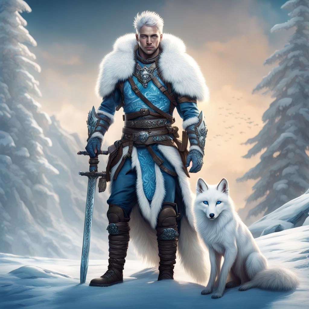 Arctic Warrior and Fox in Snowy Landscape