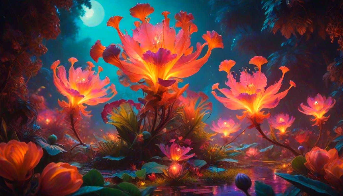 Surreal Oil Painting of Glowing Exotic Blooms in Enchanted G...