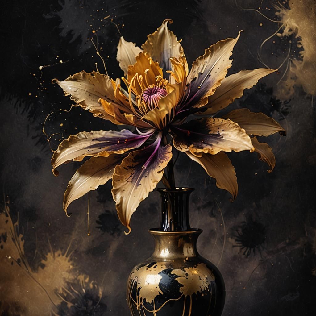 Elegant flower ink splatter art. Dark background, gold lined...