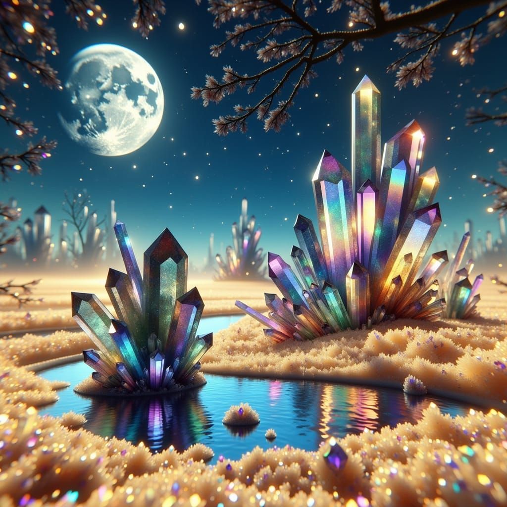 Glowing Frost-Covered Quartz Crystals in Enchanted Garden