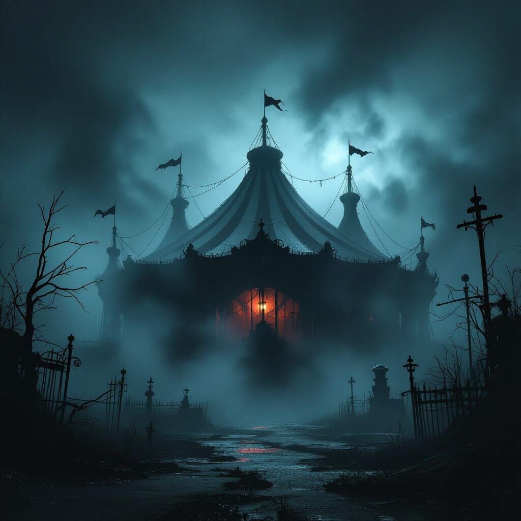 Eerie Abandoned Circus Tent in Mysterious Night Fog