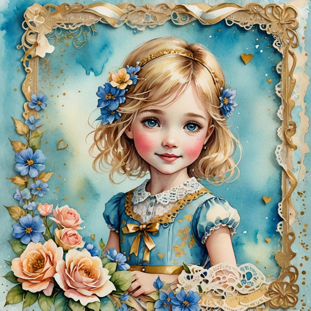 Vintage Watercolor Portrait with Floral Lace Border