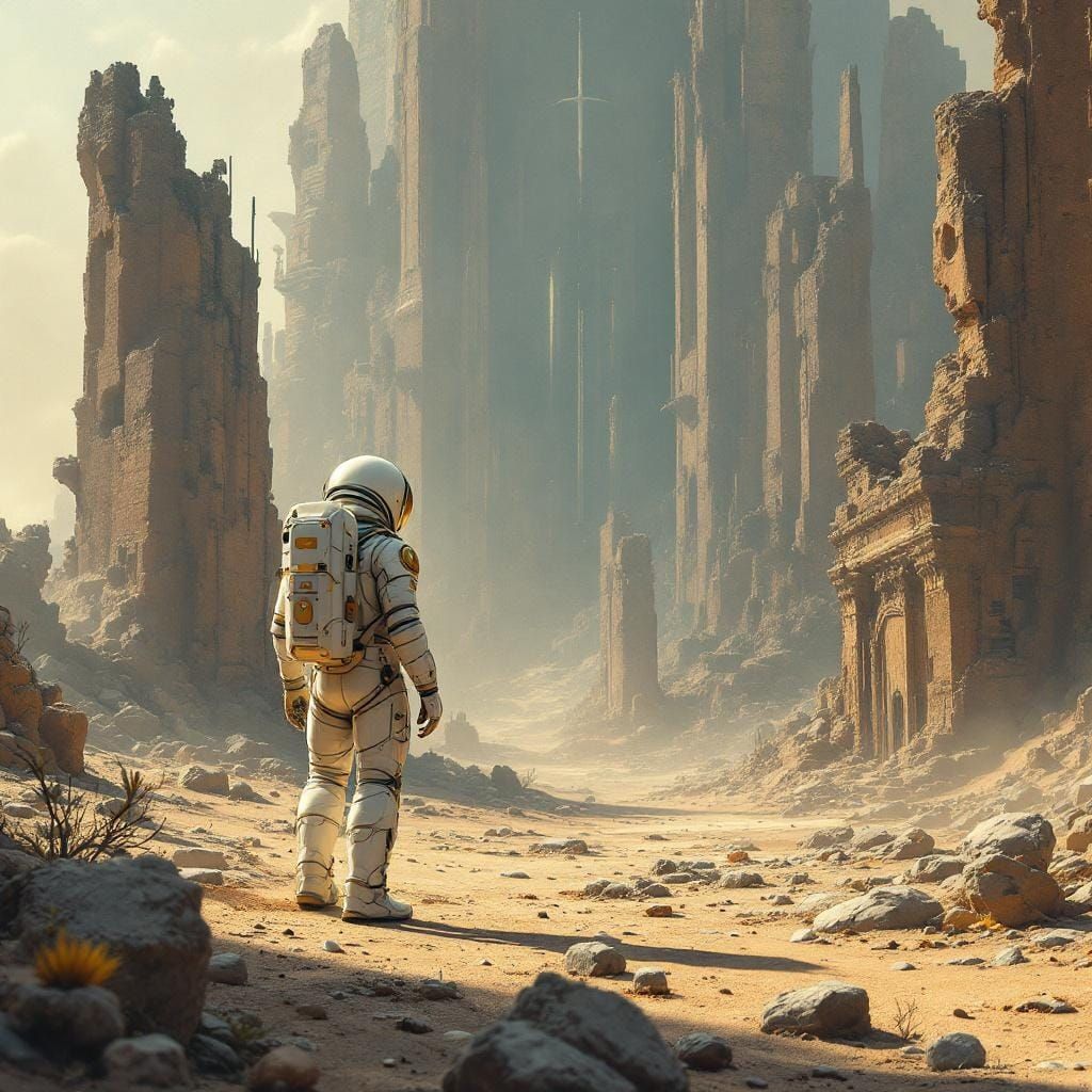 Astronaut Explores Ancient Alien Ruins in Sci-Fi Style