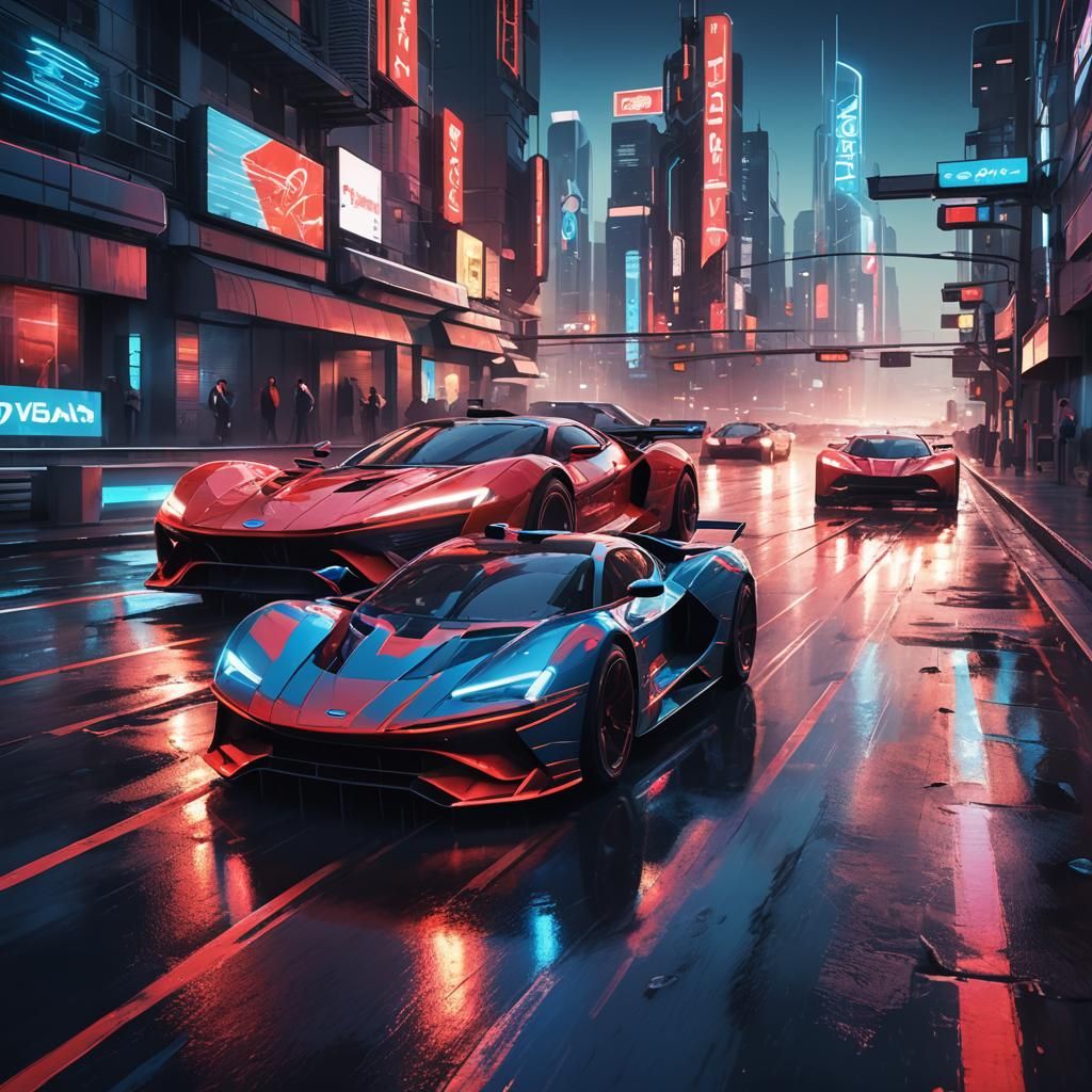 Neon Sports Cars Racing in Futuristic City