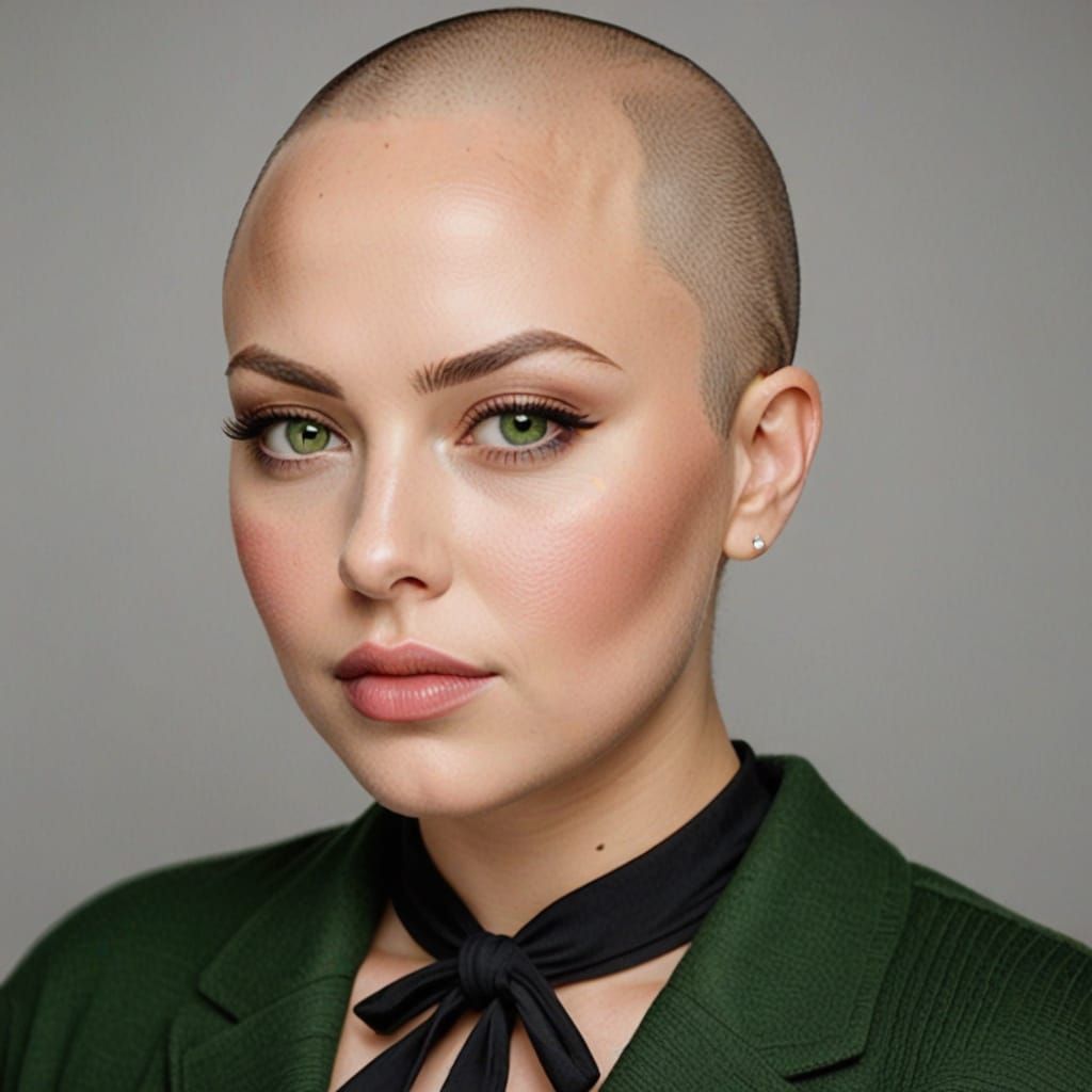 Feminine Beauty in a Bald, 30-Year-Old Woman with Green Eyes