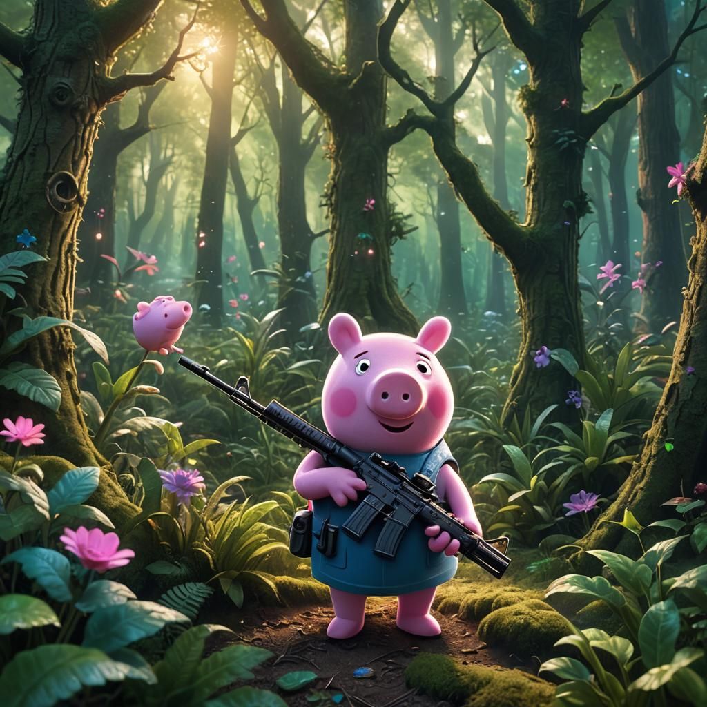 Surreal Fantasy Peppa Pig Holds AR-15 in Vibrant Magical For...