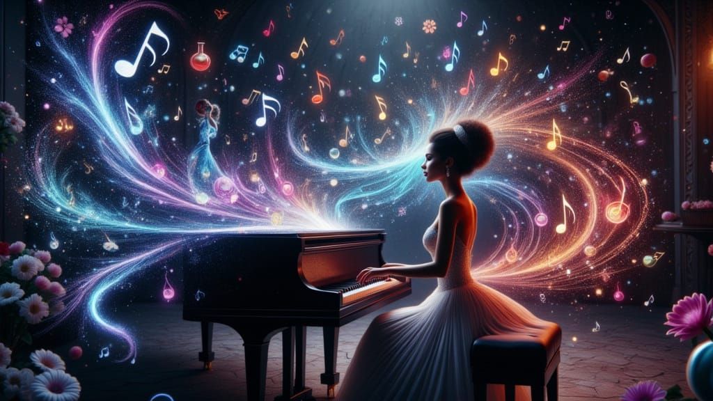 Enchanted Pianist and Magical Potions in Dim Light