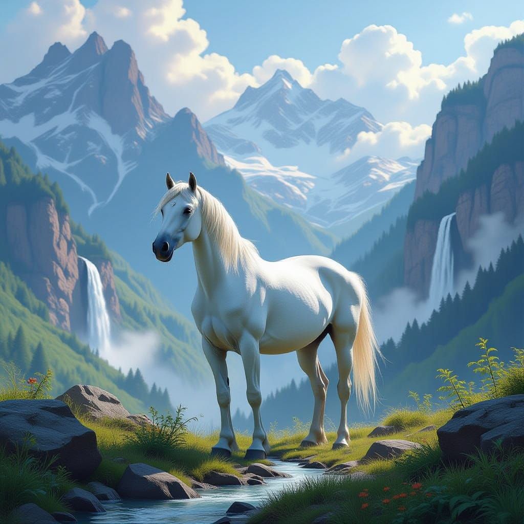 Majestic White Horse in a Serene Mountain Landscape